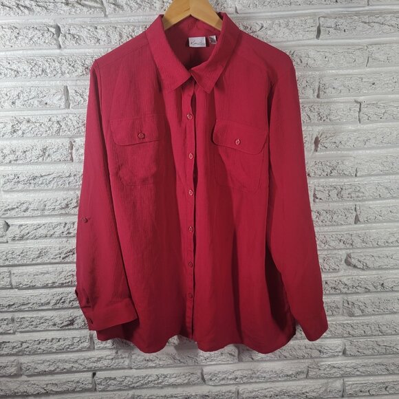 Kim Rogers Women Top 3X Plus Roll Tab Sleeve Red Pockets Lightweight RED16E - Picture 1 of 9